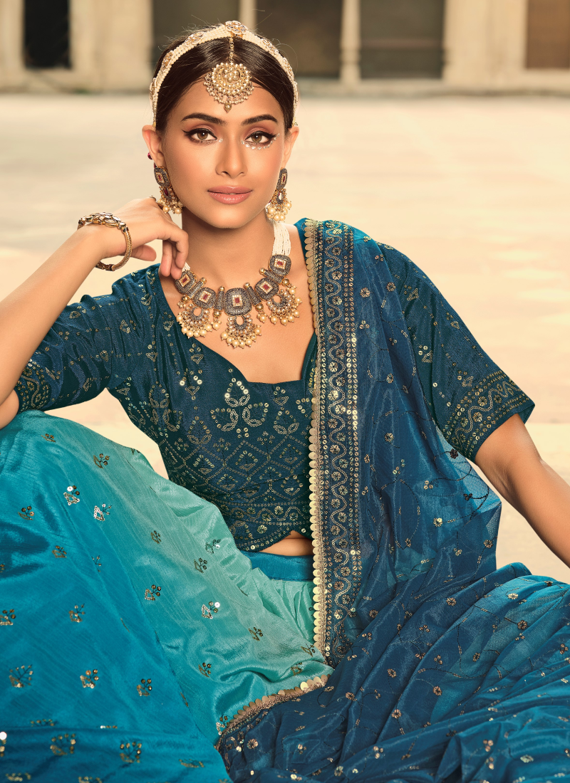 Fancy Choli With Shaded Teal Blue Embroidered Lehenga Choli