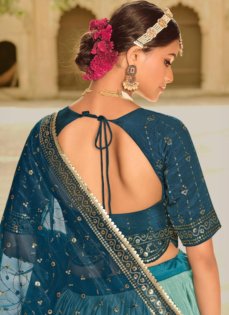 Fancy Choli With Shaded Teal Blue Embroidered Lehenga Choli