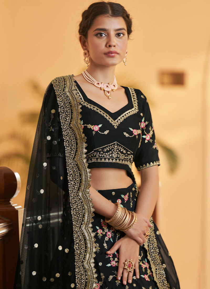 Floral Multi Thread Work Chinon Silk Black Lehenga Choli