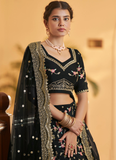 Floral Multi Thread Work Chinon Silk Black Lehenga Choli