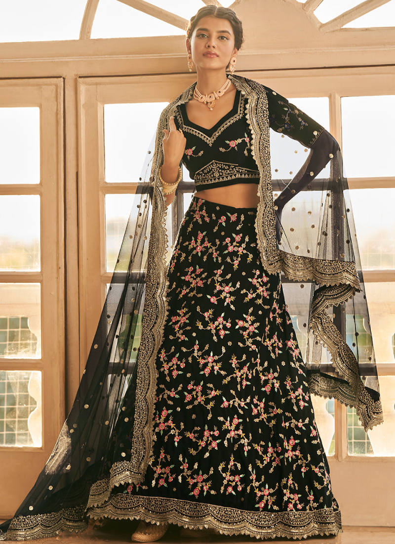 Floral Multi Thread Work Chinon Silk Black Lehenga Choli