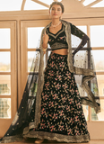 Floral Multi Thread Work Chinon Silk Black Lehenga Choli