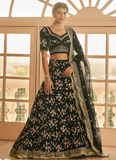 Floral Multi Thread Work Chinon Silk Black Lehenga Choli