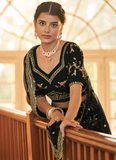 Floral Multi Thread Work Chinon Silk Black Lehenga Choli