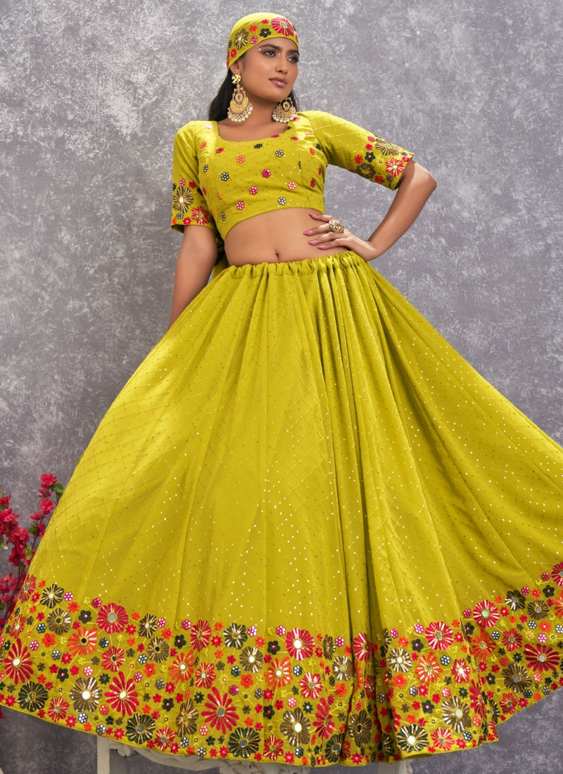 Fluorescent Green Thread Embroidery Georgette Lehenga Choli