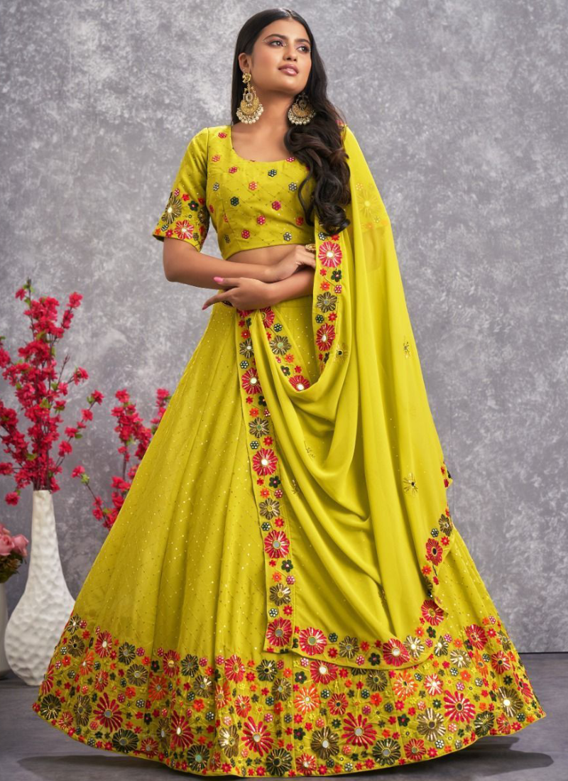 Fluorescent Green Thread Embroidery Georgette Lehenga Choli