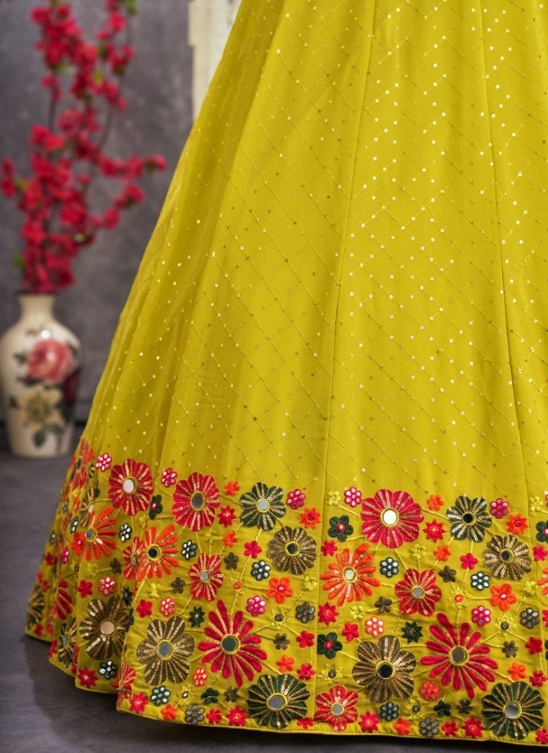 Fluorescent Green Thread Embroidery Georgette Lehenga Choli