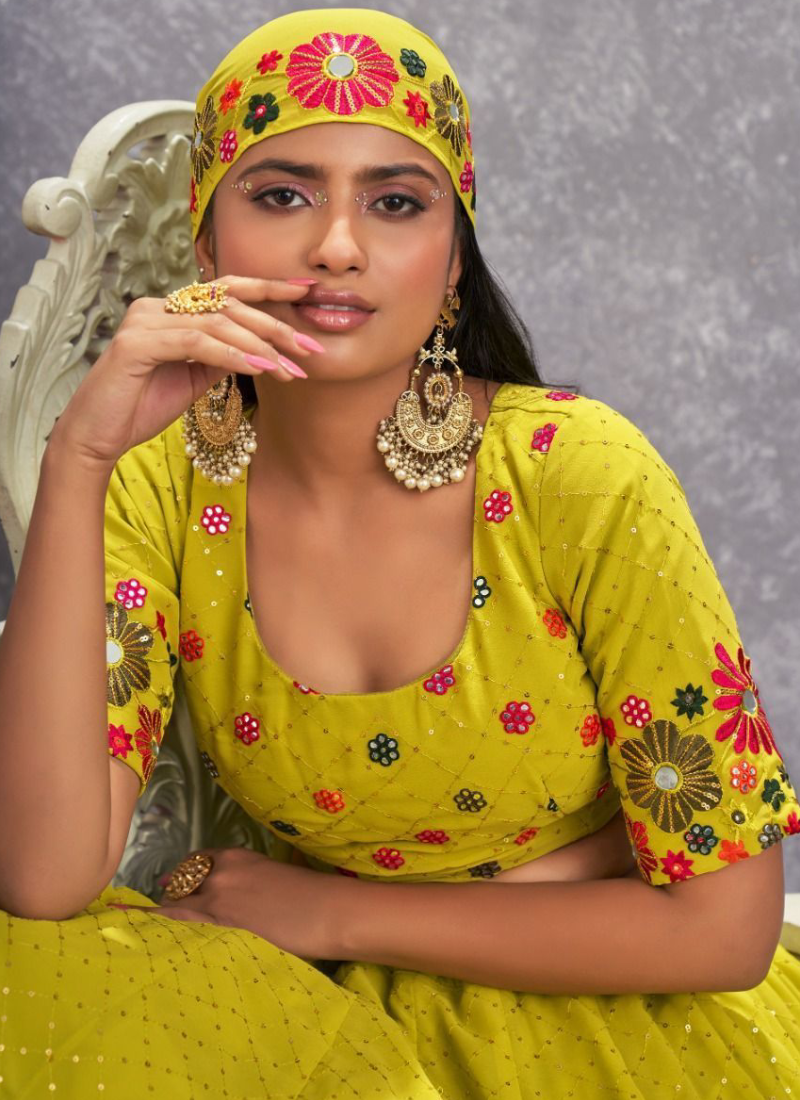 Fluorescent Green Thread Embroidery Georgette Lehenga Choli