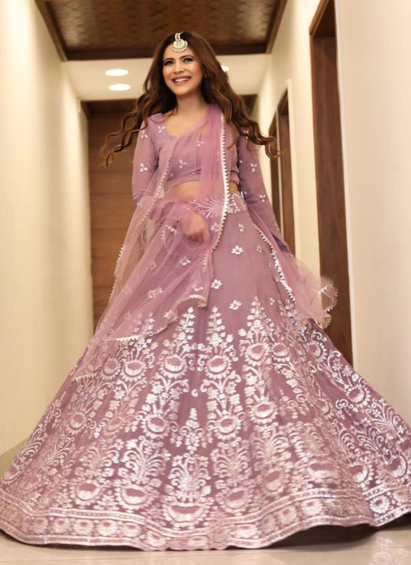 Foil Mirror Georgette Purple Mauve Lehenga Choli For Women