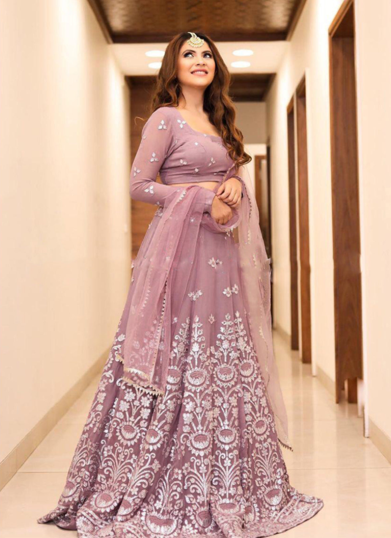 Foil Mirror Georgette Purple Mauve Lehenga Choli For Women