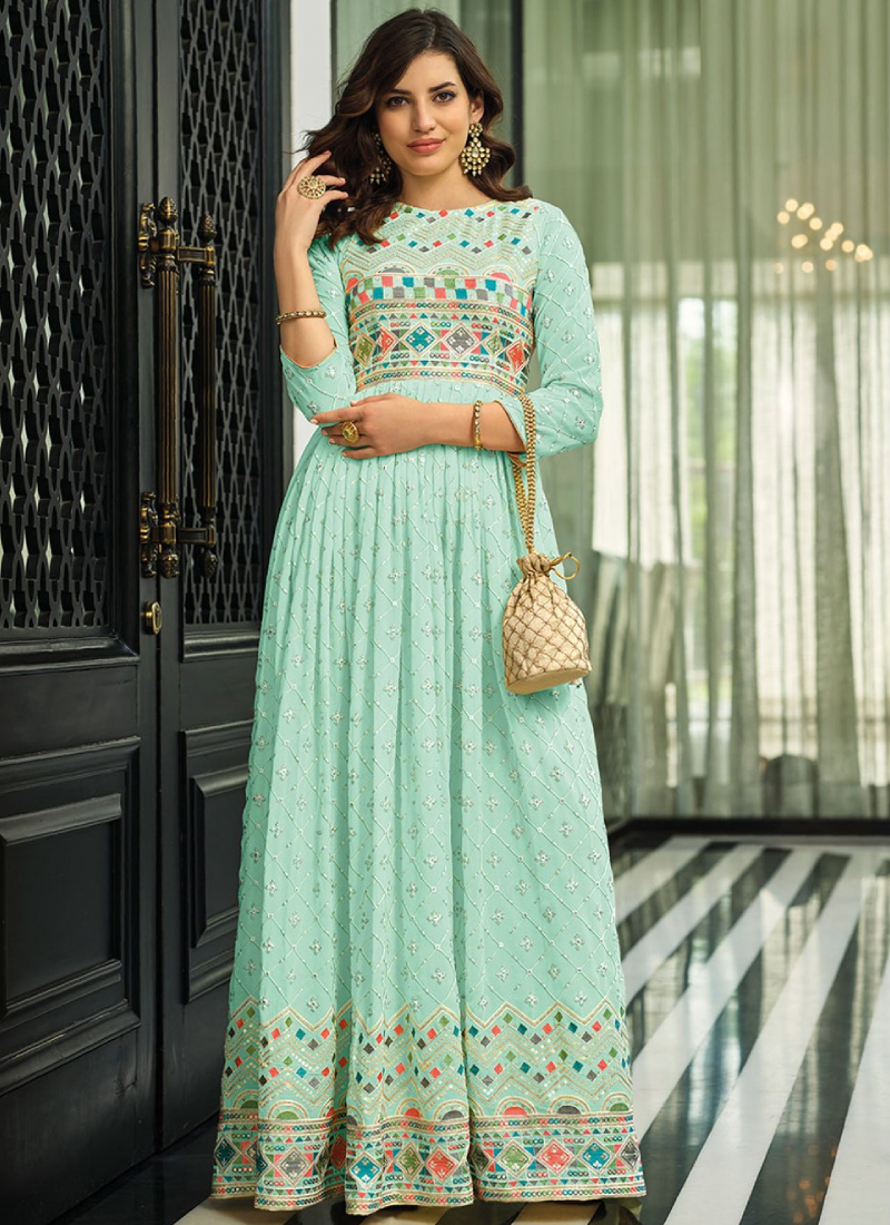 Wedding Wear Light Blue Georgette Gown With Nazmeen Dupatta