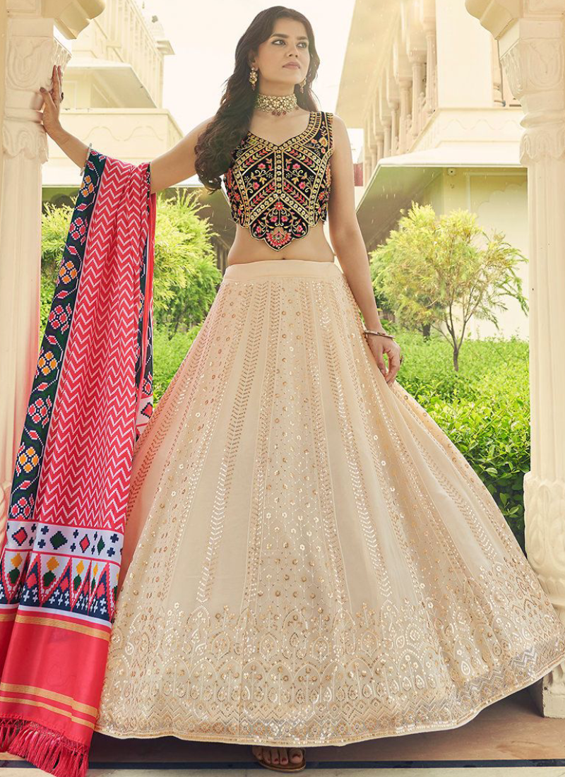 Georgette Beige Color Sequence Work Lehenga With Fancy Choli