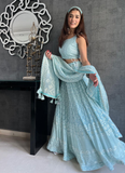 Impressive Sky Blue Foil Mirror Work Georgette Lehenga Choli