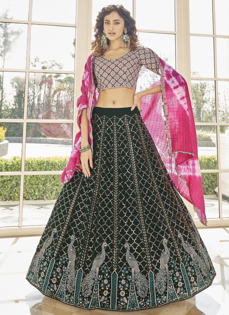Georgette Fabric Dark Green Color New Designer Lehenga