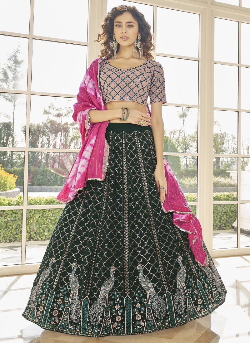 Georgette Fabric Dark Green Color New Designer Lehenga