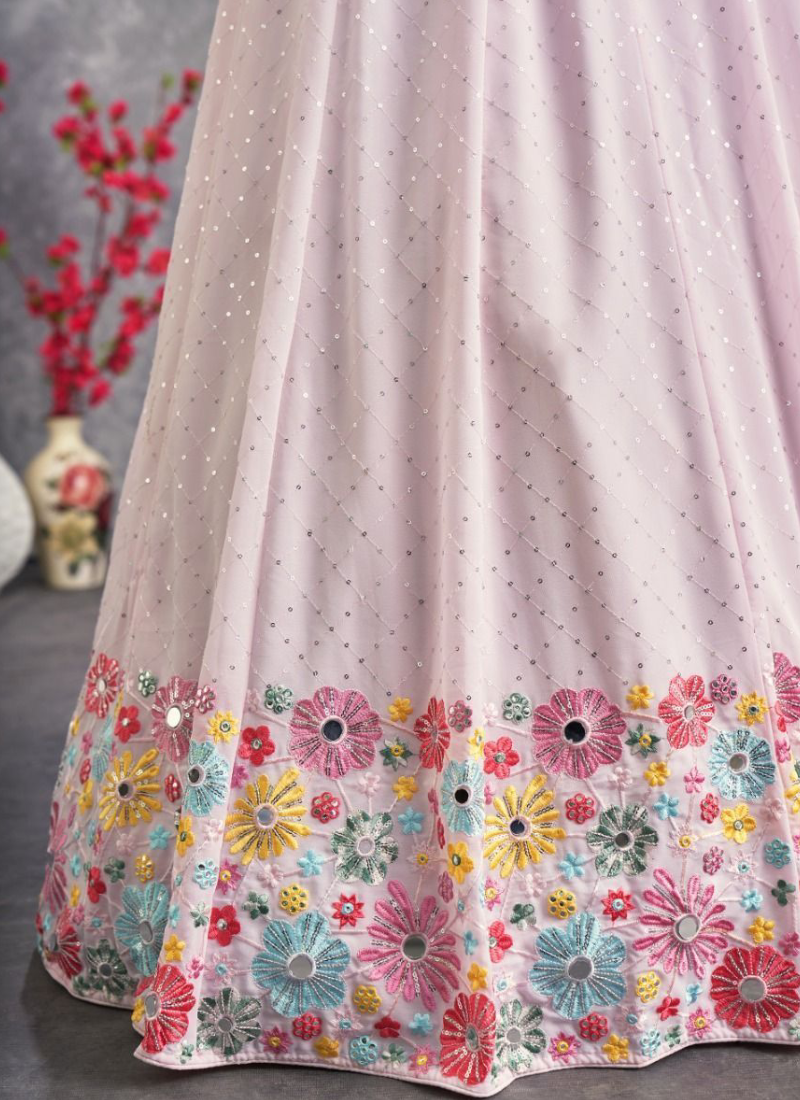 Latest Floral Embroidered Georgette Light Pink Lehenga Choli