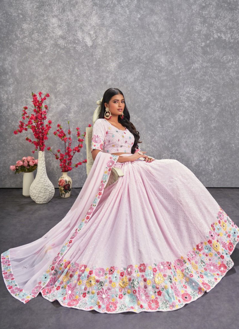 Latest Floral Embroidered Georgette Light Pink Lehenga Choli