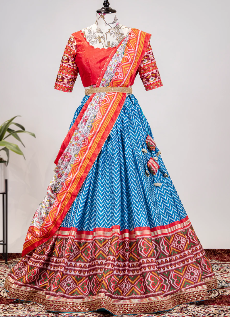 Leheriya Printed Embroidered Blue Chinon Lehenga Choli Set