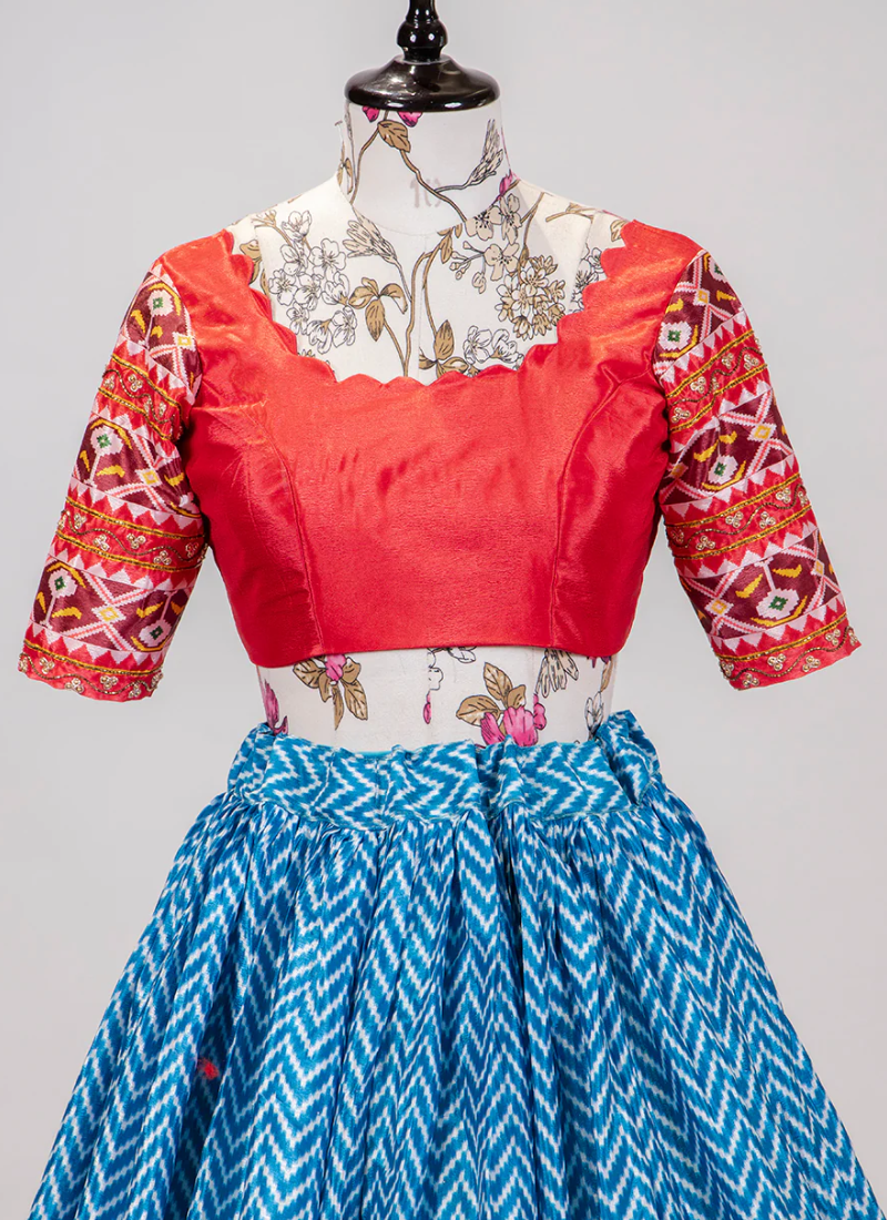 Leheriya Printed Embroidered Blue Chinon Lehenga Choli Set