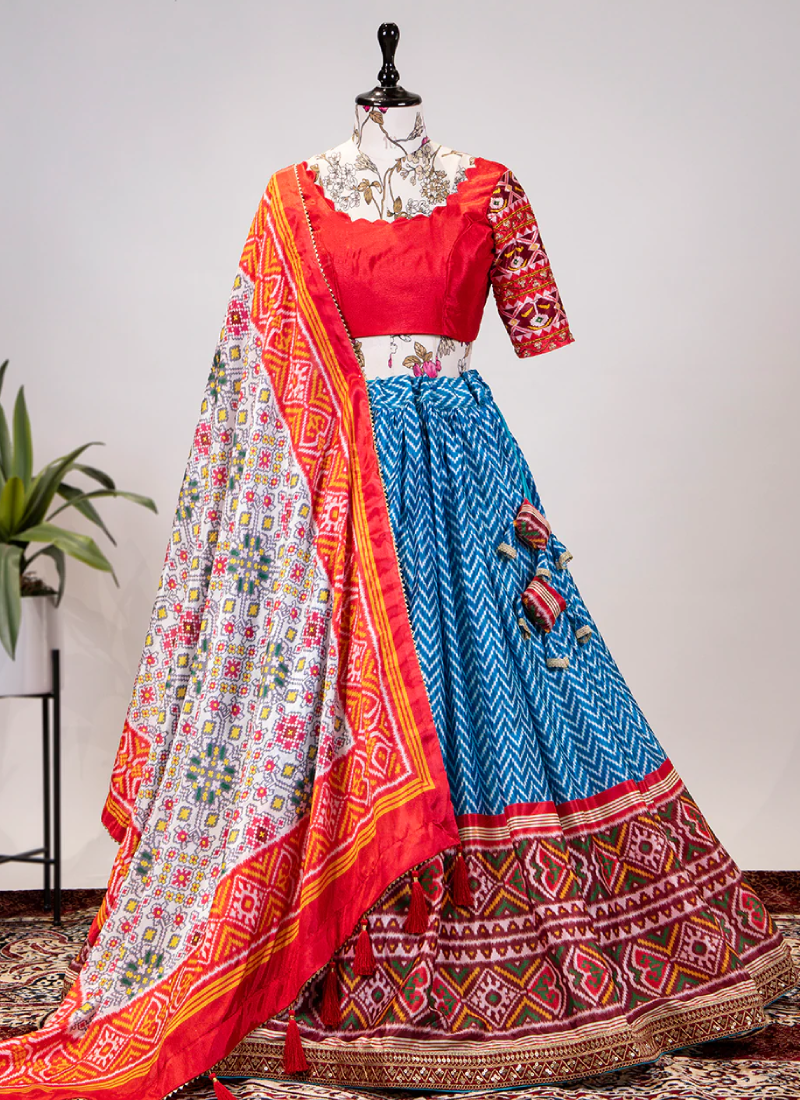 Leheriya Printed Embroidered Blue Chinon Lehenga Choli Set
