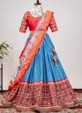 Leheriya Printed Embroidered Blue Chinon Lehenga Choli Set