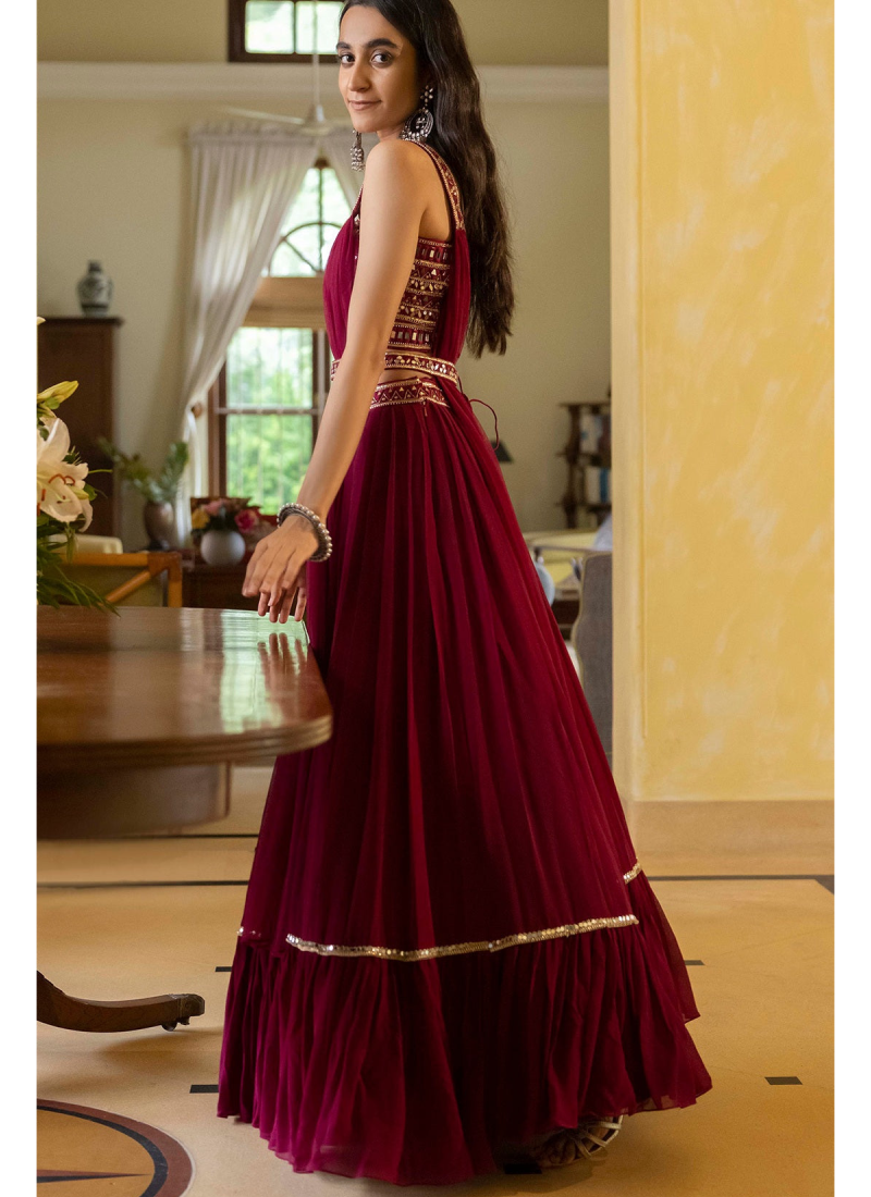 Wine Ruffle Style Lehenga With Real Mirror Work Fancy Blouse