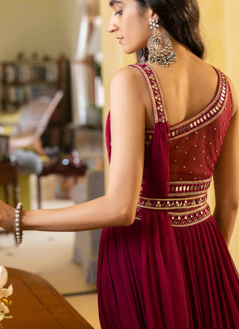 Wine Ruffle Style Lehenga With Real Mirror Work Fancy Blouse