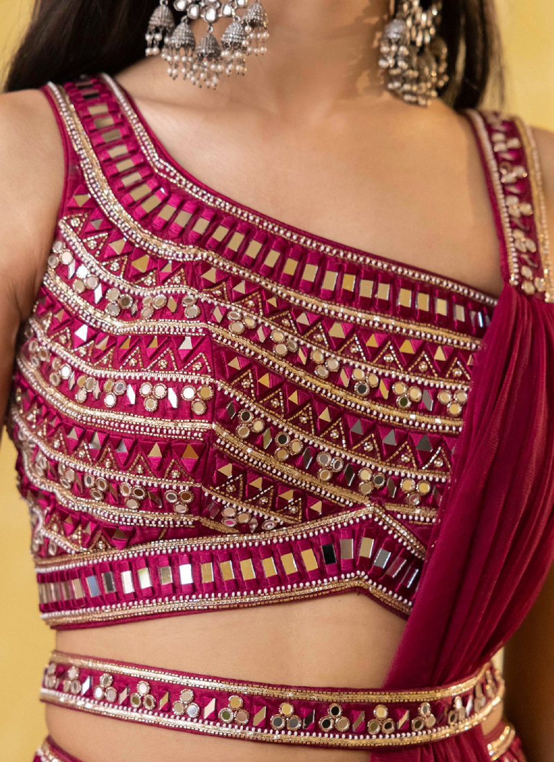 Wine Ruffle Style Lehenga With Real Mirror Work Fancy Blouse