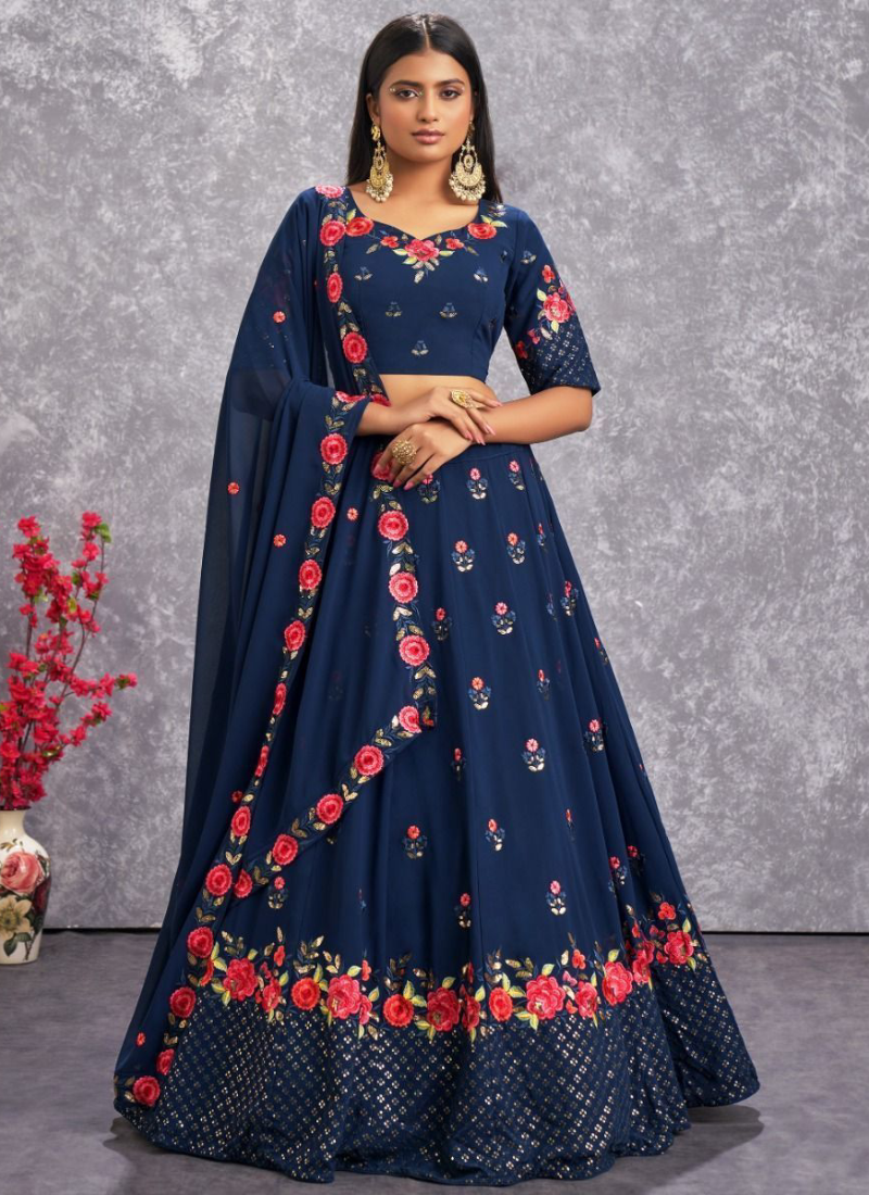 Marvelous Navy Blue Floral Embroidered Georgette Lehenga Choli