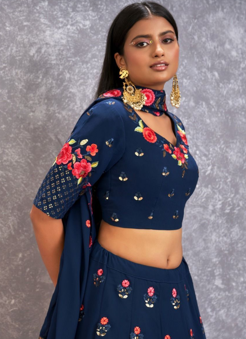Marvelous Navy Blue Floral Embroidered Georgette Lehenga Choli