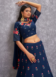 Marvelous Navy Blue Floral Embroidered Georgette Lehenga Choli