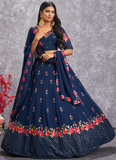 Marvelous Navy Blue Floral Embroidered Georgette Lehenga Choli