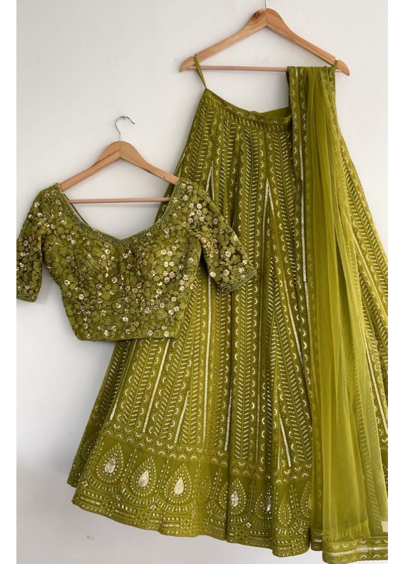 Mehendi Green Embroidered Work Georgette Lehenga Choli