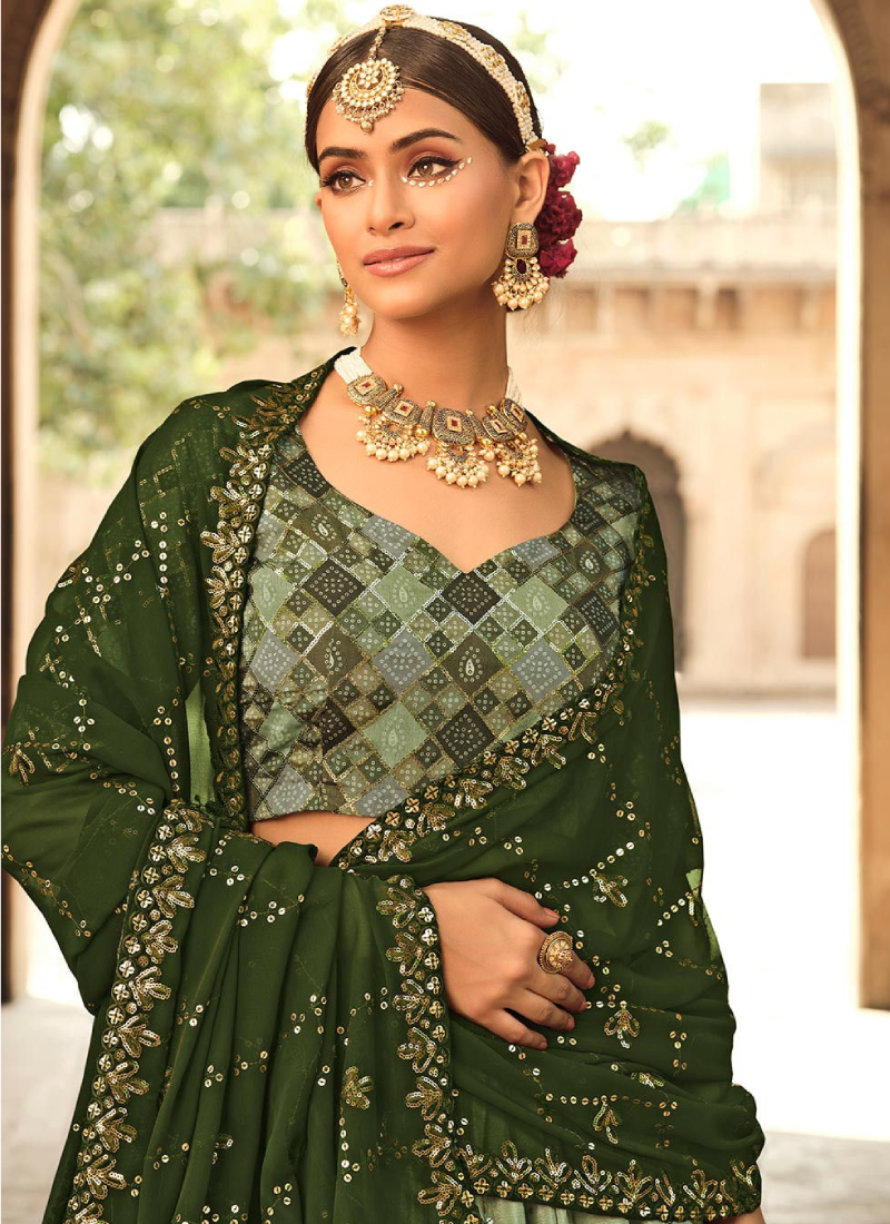 Mehendi Wear Shaded Green Silk Sequence Work Lehenga Choli