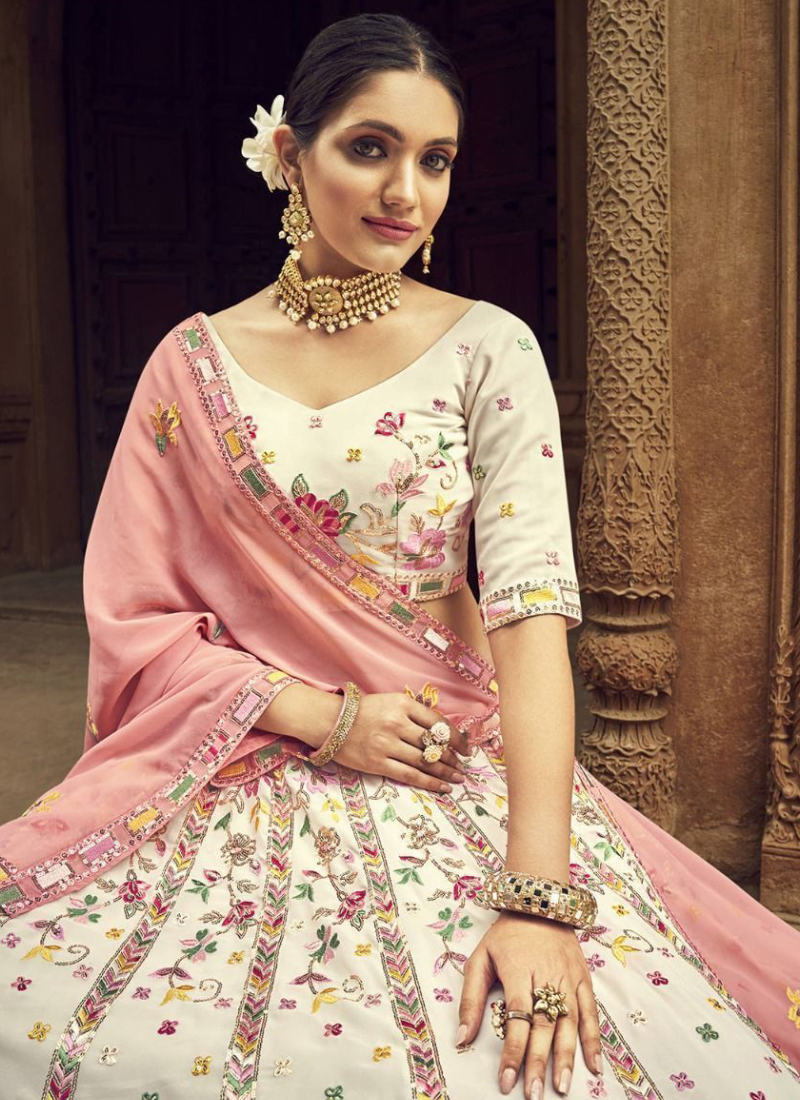 Multi Embroidered Thread Work Beige Georgette Lehenga Choli