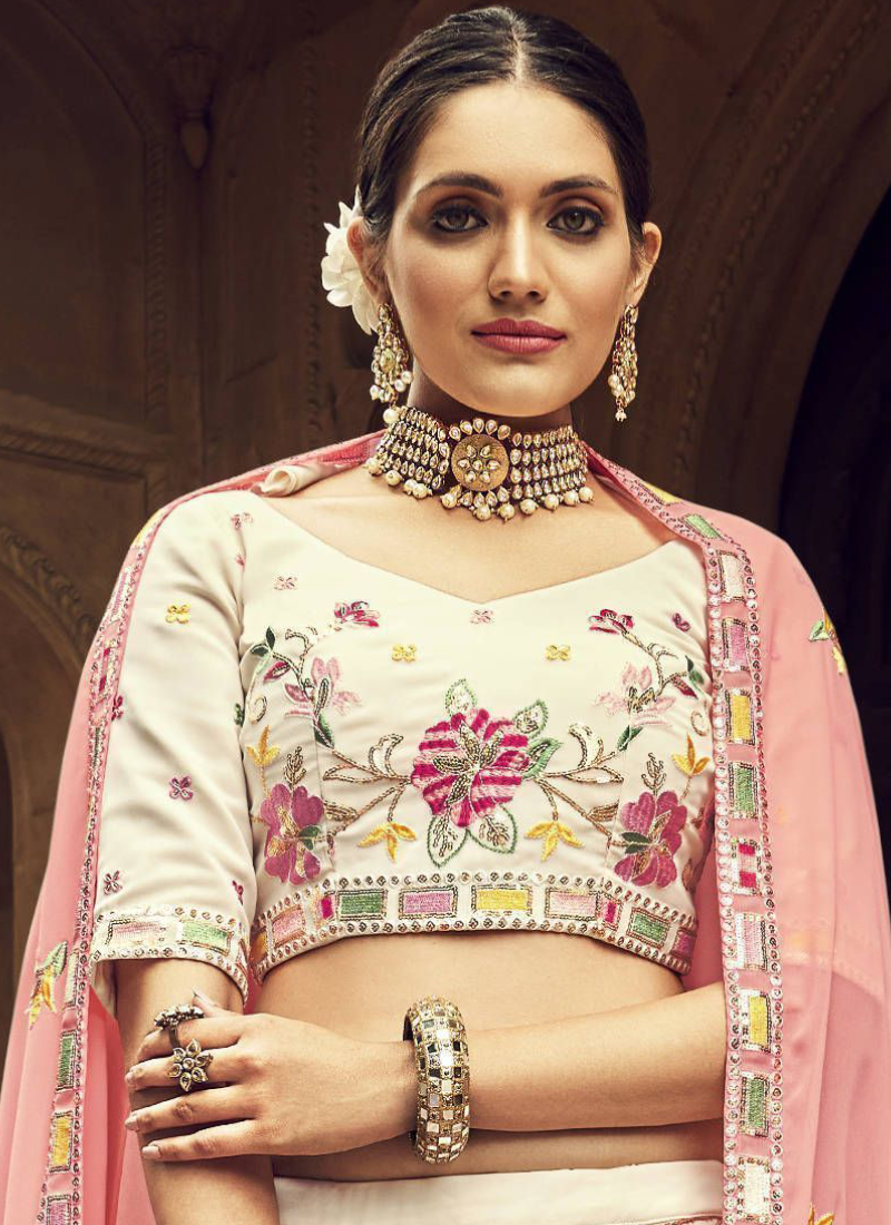 Multi Embroidered Thread Work Beige Georgette Lehenga Choli