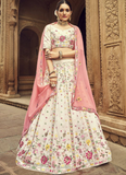 Multi Embroidered Thread Work Beige Georgette Lehenga Choli