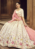 Multi Embroidered Thread Work Beige Georgette Lehenga Choli
