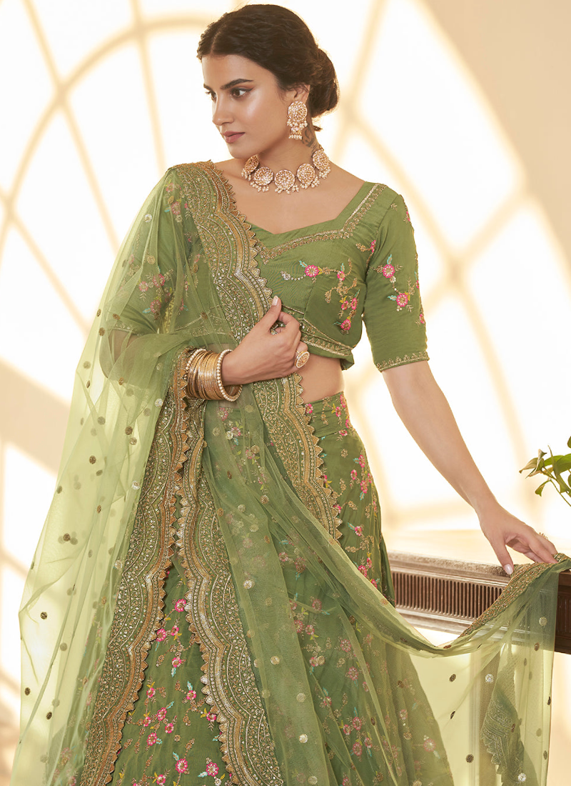 Multi Embroidery Work Mehendi Green Chinon Silk Lehenga Choli