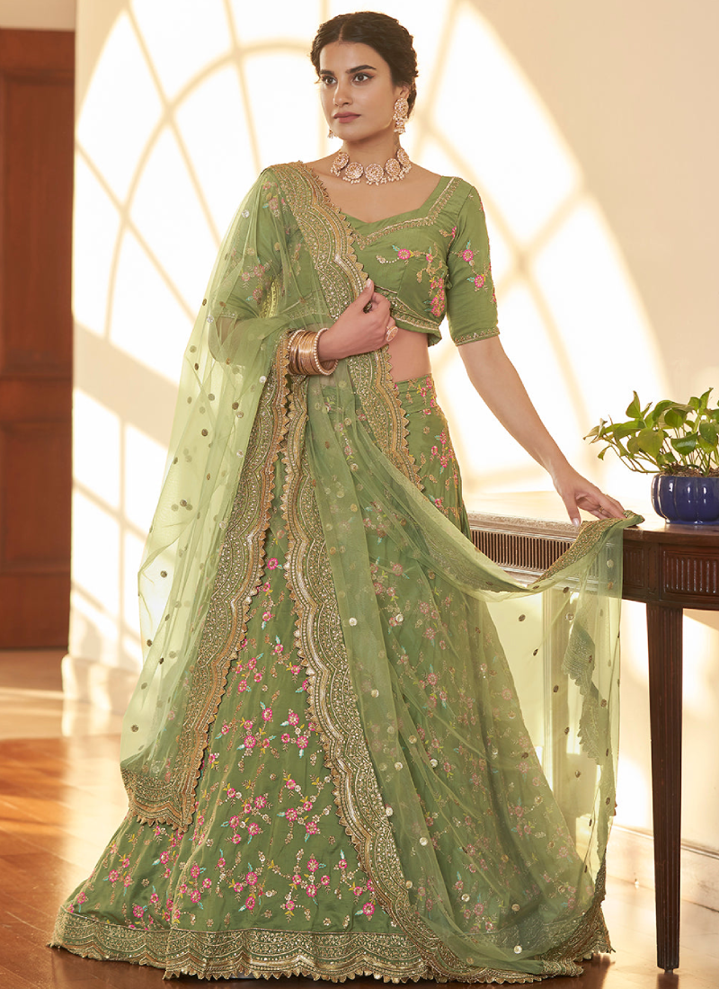 Multi Embroidery Work Mehendi Green Chinon Silk Lehenga Choli
