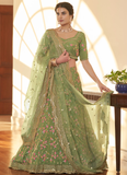 Multi Embroidery Work Mehendi Green Chinon Silk Lehenga Choli