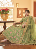 Multi Embroidery Work Mehendi Green Chinon Silk Lehenga Choli