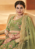 Multi Embroidery Work Mehendi Green Chinon Silk Lehenga Choli