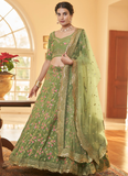 Multi Embroidery Work Mehendi Green Chinon Silk Lehenga Choli