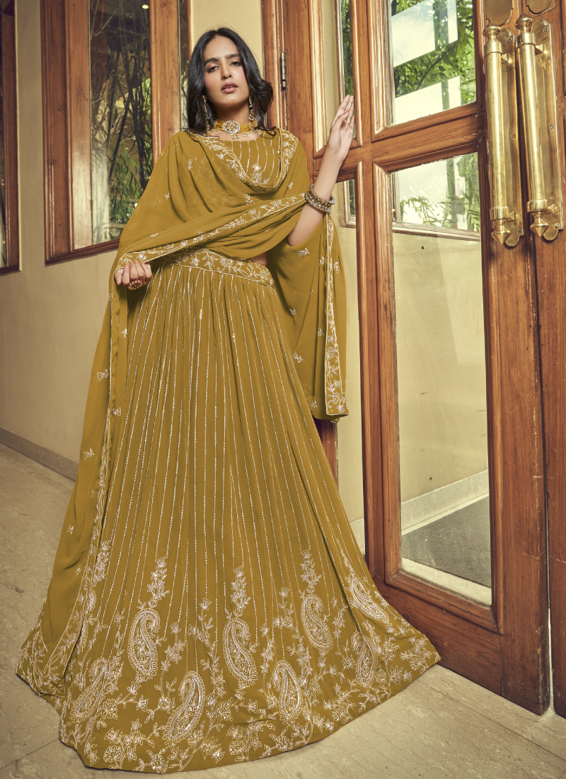 Mustard Yellow Faux Georgette Viscose Work Lehenga Choli Set