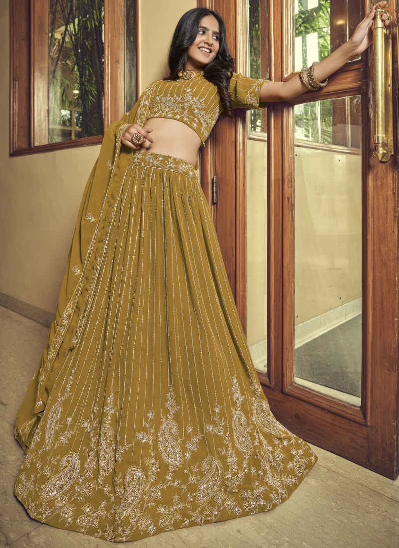 Mustard Yellow Faux Georgette Viscose Work Lehenga Choli SetMustard Yellow Faux Georgette Viscose Work Lehenga Choli Set