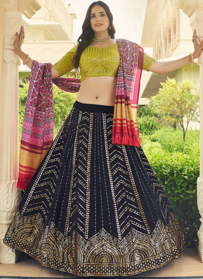 Navy Blue Thread Embroidered Georgette Lehenga For Wedding