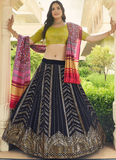 Navy Blue Thread Embroidered Georgette Lehenga For Wedding