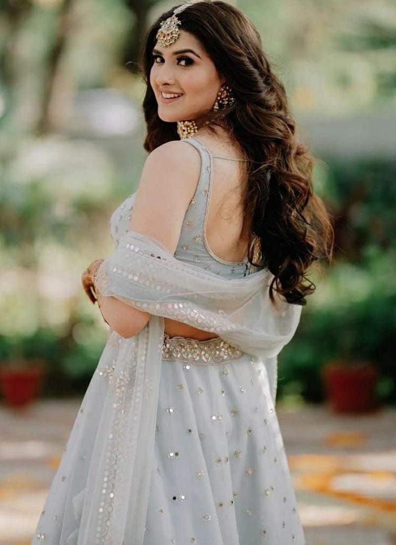 Party Wear Soft Net Foil Mirror Work Net Grey Lehenga Choli