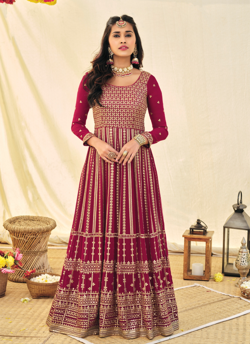 Magenta Pink Georgette Thread Work Long Anarkali Dress